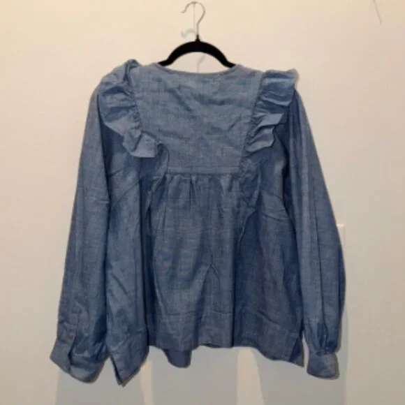 J.Crew Chambray Ruffle Button-Down Blouse - Light Blue - 16 - Picture 3 of 4